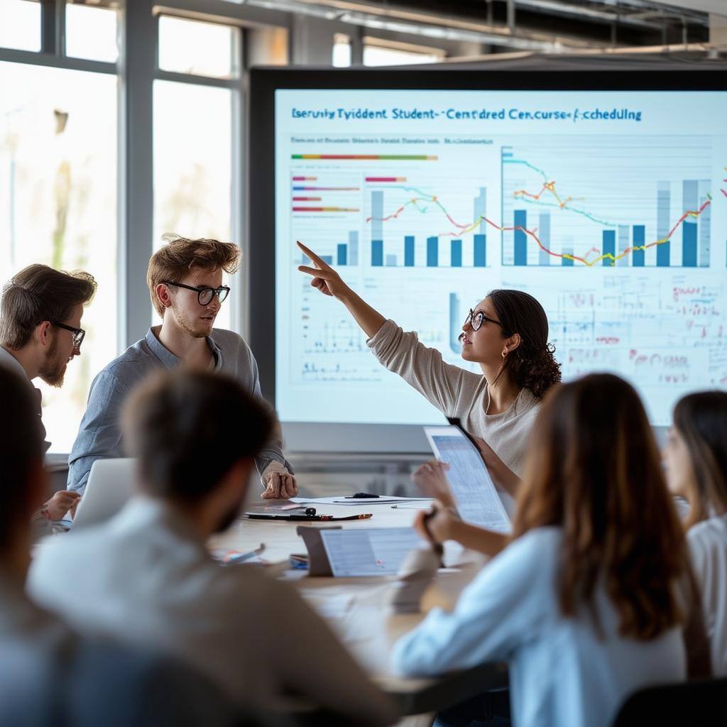 The image depicts a diverse group of college administrators engaged in a collaborative meeting around a large conference table