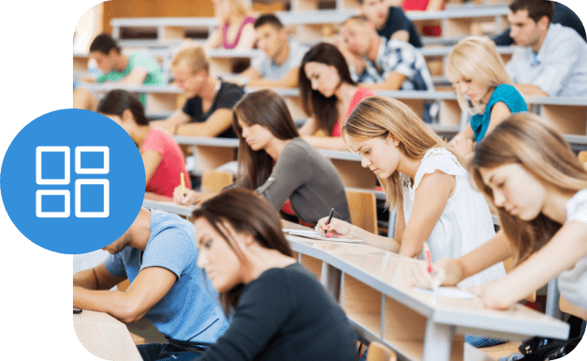 Ad Astra Plan Icon and students in a lecture hall