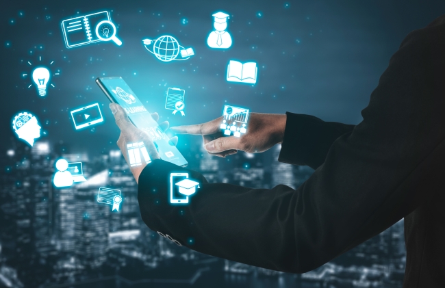 Man's hands with a mobile phone surrounded by icons 