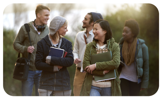 Students walking to class supporting one another