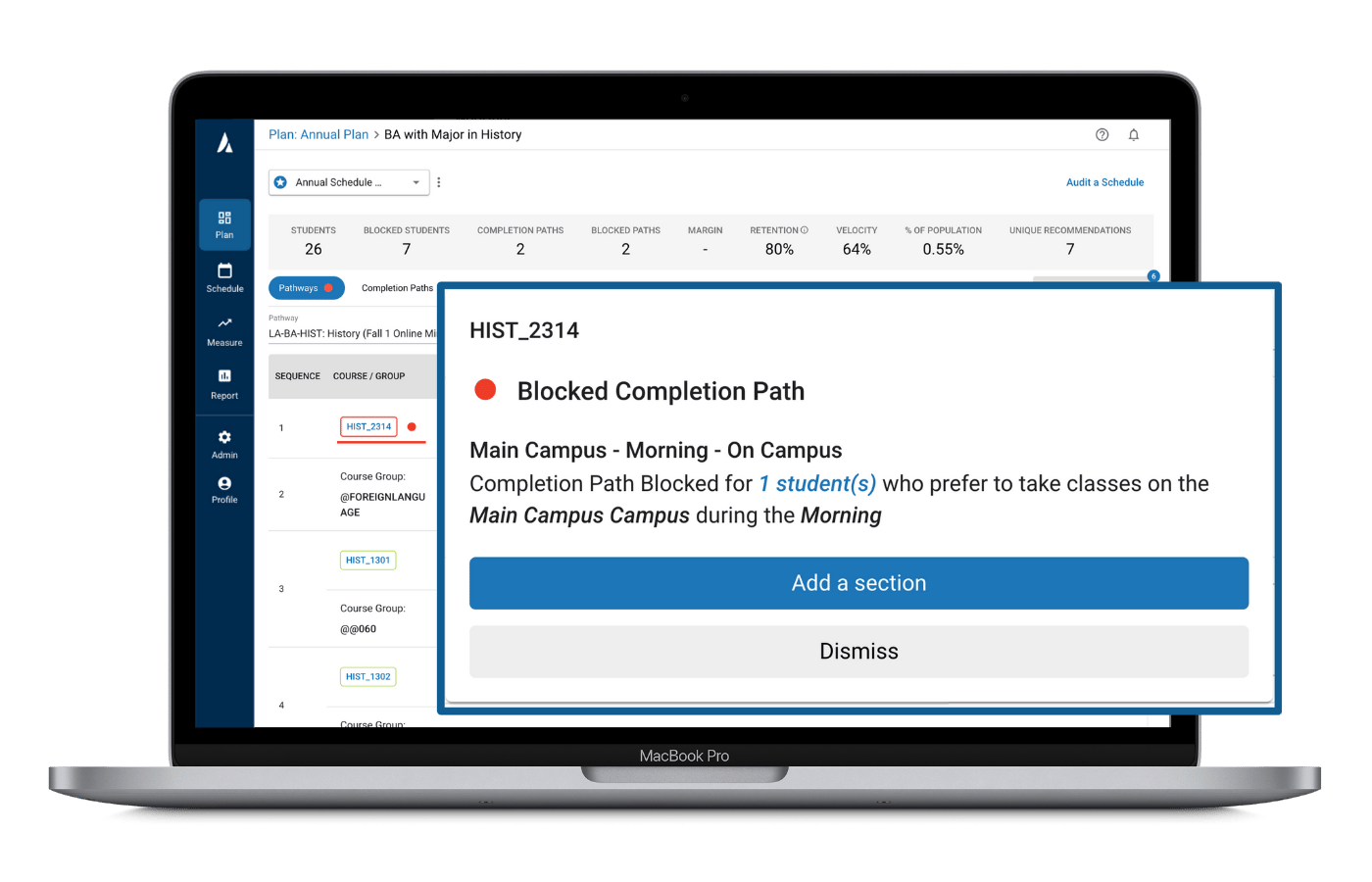 Dashboard view of annual planning recommendations for course completion and scheduling.
